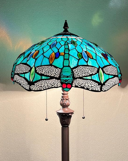 Capulina Tiffany Floor Lamp Sea Grass Dragonfly Style Stained Glass Standing Light Industrial Dark Bronze Pole for Living Room Bedroom Home Office - LeafyLoom