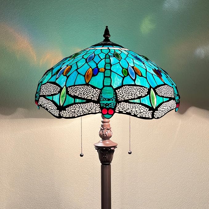 Capulina Tiffany Floor Lamp Sea Grass Dragonfly Style Stained Glass Standing Light Industrial Dark Bronze Pole for Living Room Bedroom Home Office - LeafyLoom