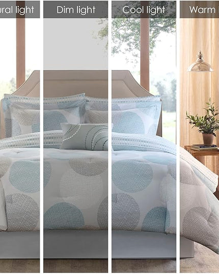 Madison Park Essentials Bed in a Bag Comforter, Vibrant Color Design All Season Down Alternative Cover with Complete Cotton Sheet Set, Queen(90"x90"), Knowles, Circular Aqua, 9 Piece - LeafyLoom