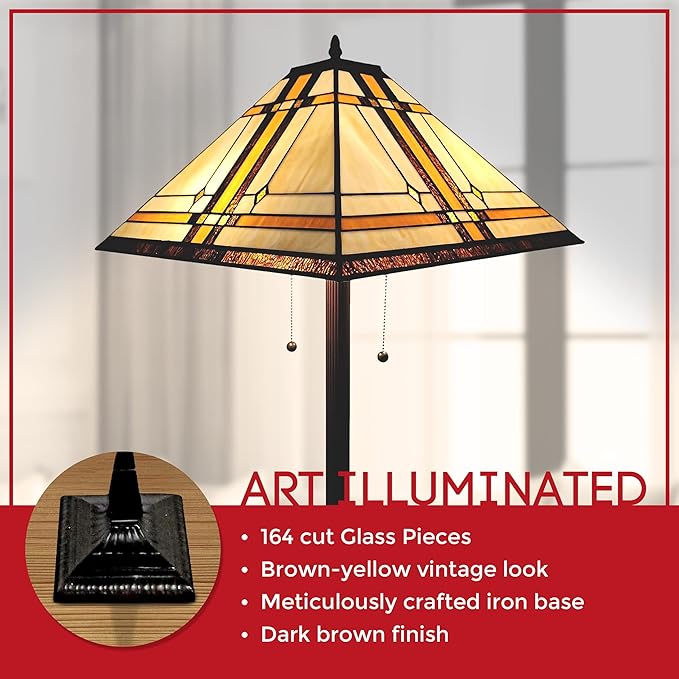 Amora Tiffany Floor Lamp Torchiere - Vintage Standing Light Floor Lamp - 61” Tall Floor Stained Glass Lamp - Tiffany Floor Lamps for Living Room - LeafyLoom