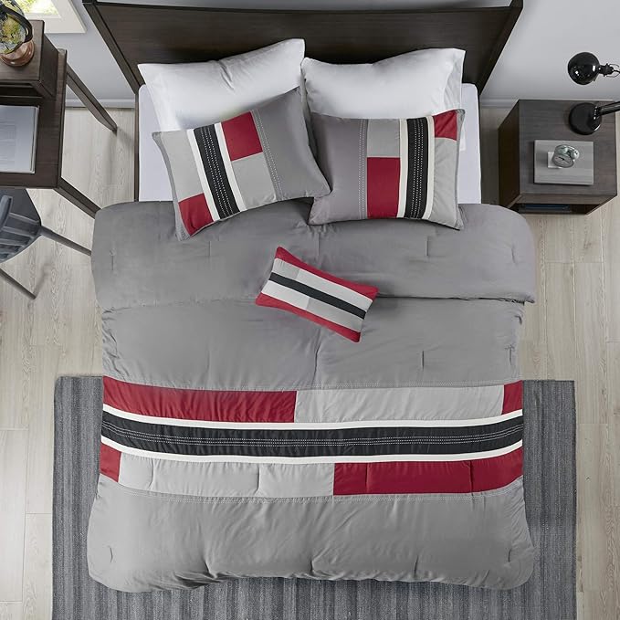 Mi Zone Cozy Comforter Set Geometric Stripes Vibrant Color Design All Season Bedding Matching Shams, Decorative Pillow, Full/Queen, Red/Grey, 4 Piece - LeafyLoom