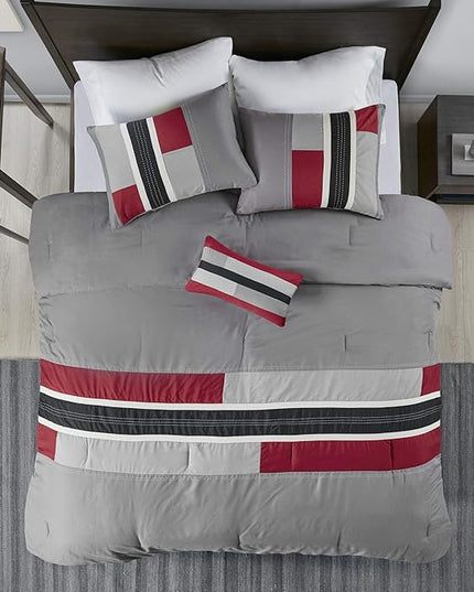 Mi Zone Cozy Comforter Set Geometric Stripes Vibrant Color Design All Season Bedding Matching Shams, Decorative Pillow, Twin/Twin XL, Red/Grey, 3 Piece - LeafyLoom