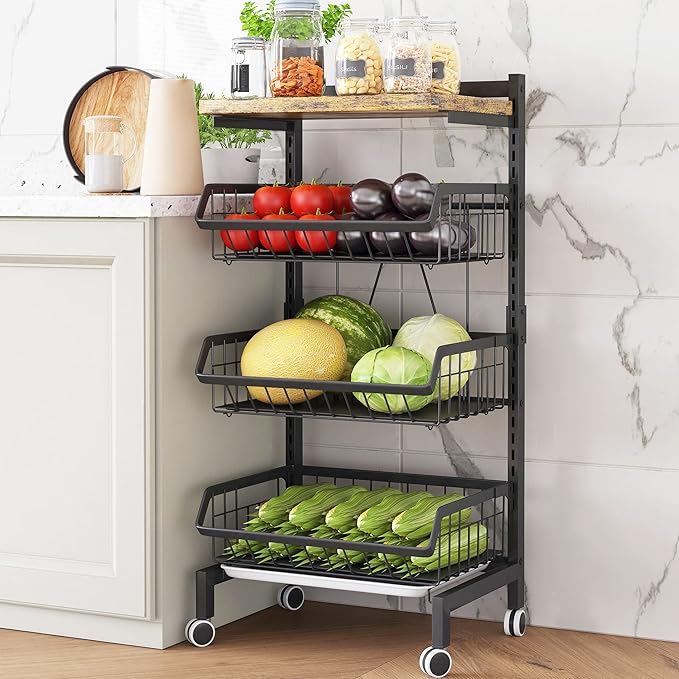 COVAODQ Fruit Basket 4-Tier Adjustable Fruit Vegetable Basket Cart Metal Wire Storage Cart Rolling Pantry Utility Kitchen Cart - LeafyLoom