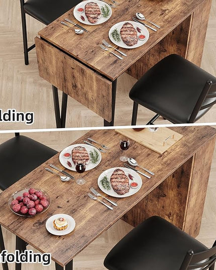 GAOMON Dining Table Set for 2, Kitchen Bar Table and Chairs Set for 2, 3PCS Kitchen Table Set with 2 Upholstered Chairs, Expandable Counter Height Bar Table Set with 3 Storage, Rustic Brown - LeafyLoom