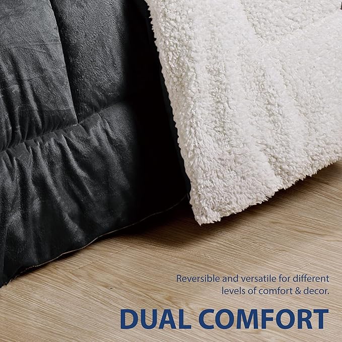Cathay Home Twin Comforter Set: Ultra Soft and Plush Reversible Micromink and Sherpa 2-Piece Bedding Set, Black, Twin (66" x 86") - LeafyLoom