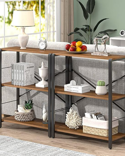 FOLUBAN Small Bookshelf, 3 Tier Rustic Book Shelf with Storage, Industrial Low Short Bookcases for Office, Bedroom and Living Room, Rustic Walnut - LeafyLoom