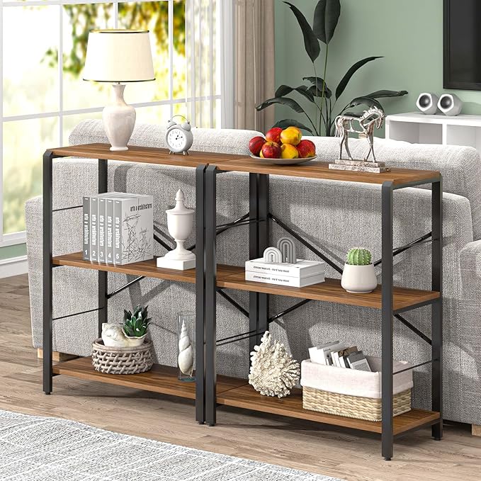 FOLUBAN Small Bookshelf, 3 Tier Rustic Book Shelf with Storage, Industrial Low Short Bookcases for Office, Bedroom and Living Room, Rustic Walnut - LeafyLoom
