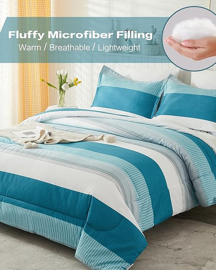 Litanika Teal White Bed Comforter Twin Set, XL Twin Comforter Striped Bedding Comforter Set, 2 Pieces Lightweight Soft All Season Down Alternative Comforter (1 Comforter, 1 Pillowcase) - LeafyLoom