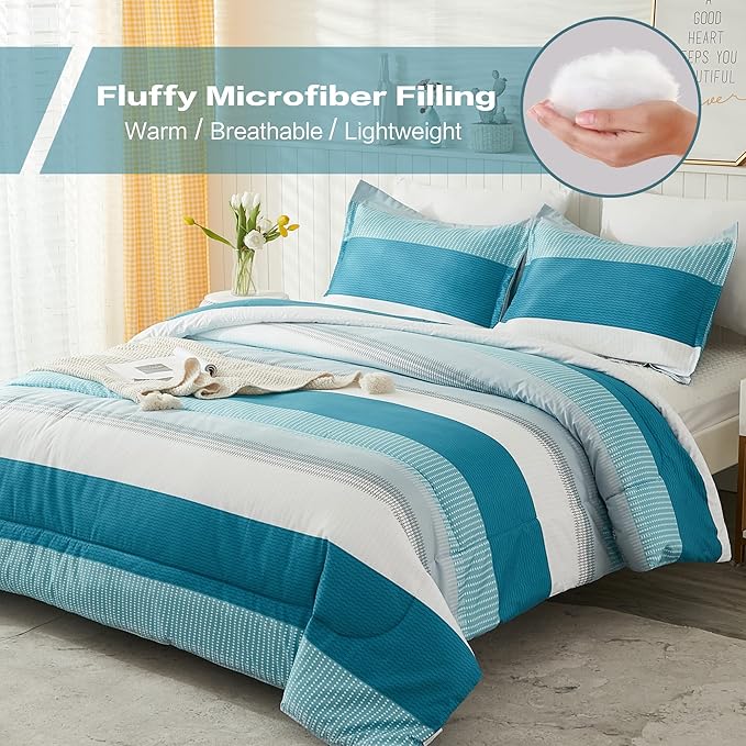 Litanika Full Comforter Set White Teal - 3 Pieces Lightweight Fluffy Bedding Comforter Sets, All Season Down Alternative Comforter (1 Comforter, 2 Pillowcases) - LeafyLoom