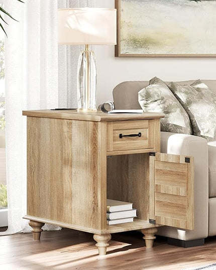 WAMPAT End Table with Charging Station, Wood Side Table with Drawer and Storage Cabinet, Modern End Table with Power outlets USB Ports for Living Room Bedroom, Oak - LeafyLoom