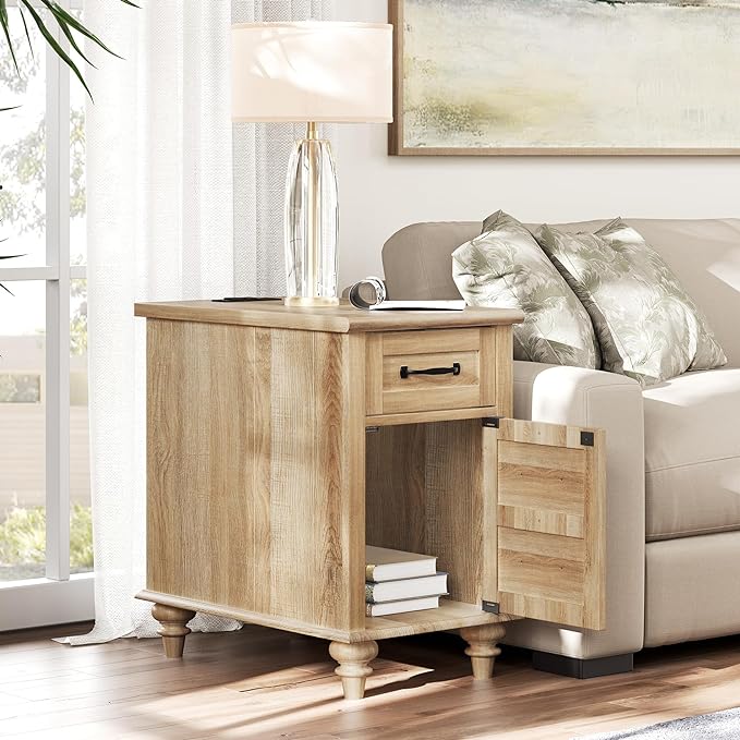 WAMPAT End Table with Charging Station, Wood Side Table with Drawer and Storage Cabinet, Modern End Table with Power outlets USB Ports for Living Room Bedroom, Oak - LeafyLoom