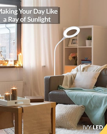 Bright Floor Lamp for Office, Reading and Bedrooms. LED Floor Lamp for Lash Light for EyeLash Extensions, Makeup & Nail Spa. Gooseneck Standing Lamp (White) - LeafyLoom