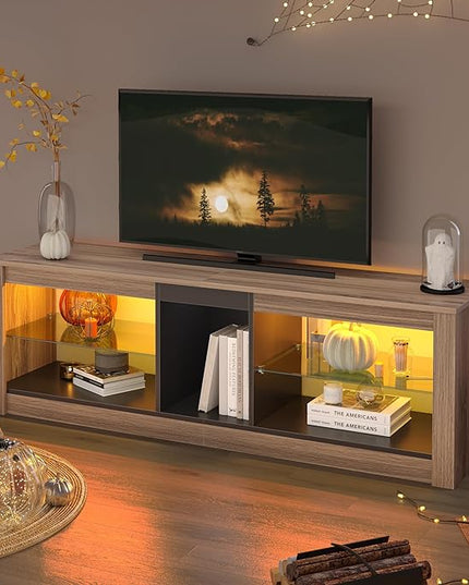 Bestier 55 Inch TV Stand with LED light, Adjustable Glass Shelves, 22 Dynamic RGB Colors, P2 Particle Board, for Entertainment Center, Living Room, Gaming Room, and Bedroom, Pinewood - LeafyLoom