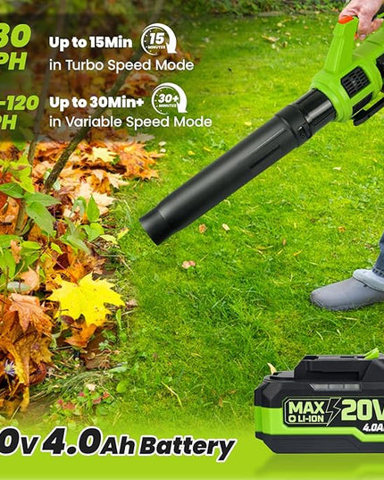 HARDELL Cordless Leaf Blower, 20V Electric Leaf Blower with 4.0Ah Battery and Charger, 280MPH/400CFM High Speed Leaf Blowers for Lawn Care, Blowing Leaves, Dust and Snow - LeafyLoom