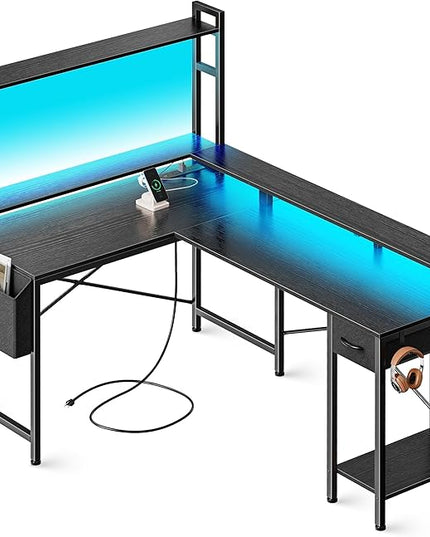 L Shaped Desk Gaming Desk with LED Lights & Power Outlets, Computer Desk with Storage Shelves, Corner Desk Home Office Desks for Bedroom, Black - LeafyLoom