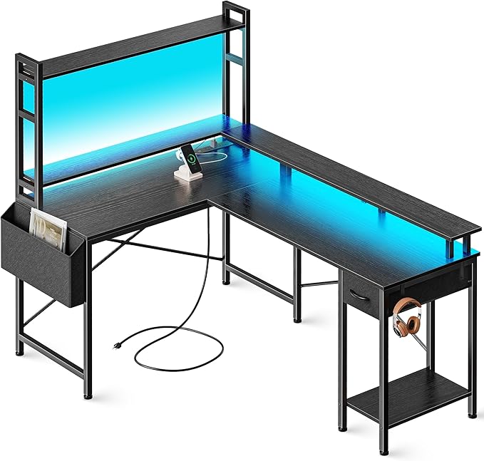 L Shaped Desk Gaming Desk with LED Lights & Power Outlets, Computer Desk with Storage Shelves, Corner Desk Home Office Desks for Bedroom, Black - LeafyLoom