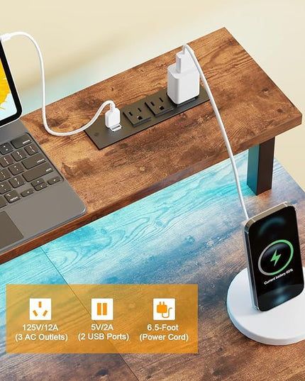 Furologee Desk with Power Outlets and LED Lights, 47in Gaming Computer Desk with 4 Fabric Drawers, Home Office Desk with Full Monitor Stand and Shelf, Study Writing Desk Bedroom, Rustic Brown - LeafyLoom
