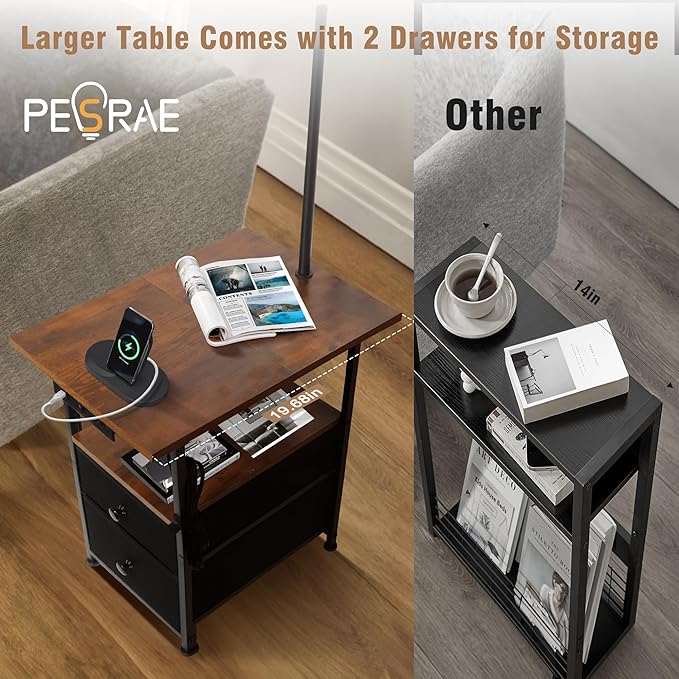 PESRAE Floor Lamp with Table & 2 Drawers, End Table with 3 Color Temperature Reading Light, Side Table Lamp with USB & Type C & AC Charging Port for Living Room, Bedroom - LeafyLoom