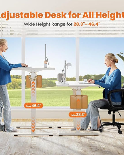 Sweetcrispy Standing Desk -55 in Electric Standing Desk, Height Adjustable Stand Up Desk for Home Office, Sit Stand Desk Stable Computer Rising Desk with Spliced Board, 2 Storage Hooks, White - LeafyLoom