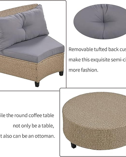 Outdoor 9 Pieces Patio Furniture Half Moon Wicker Sofa Sets, Fan-Shaped Curved Sectional Couch with Coffee Table and Gray Cushions, 1, Brown Rattan - LeafyLoom