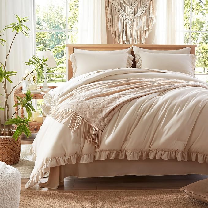 Anluoer King Comforter Set 7 Piece, Oatmeal Bed in a Bag with Sheets, All Season Ruffle Shabby Chic Bedding Sets with 1 Comforter, 2 Pillow Shams, 2 Pillowcases, 1 Flat Sheet, 1 Fitted Sheet - LeafyLoom