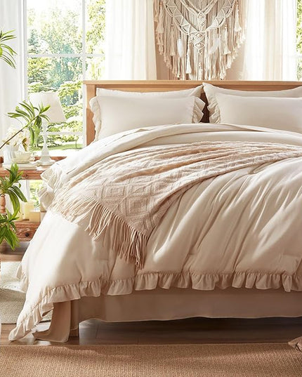 Anluoer Queen Comforter Set 7 Piece, Oatmeal Bed in a Bag with Sheets, All Season Ruffle Shabby Chic Bedding Sets with 1 Comforter, 2 Pillow Shams, 2 Pillowcases, 1 Flat Sheet, 1 Fitted Sheet - LeafyLoom