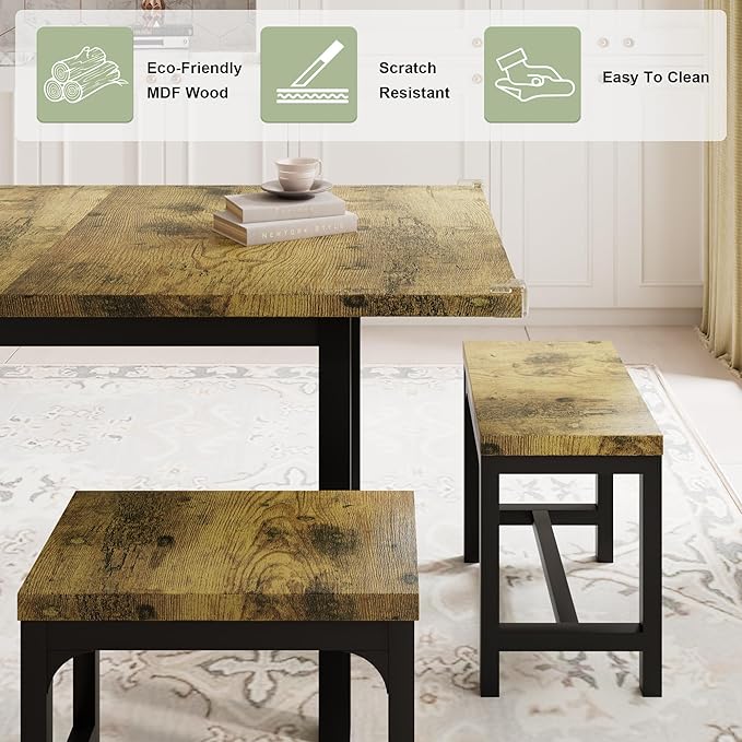 Feonase 7-Piece Dining Table Set with 6 Stools, 63" Large Extendable Kitchen Table Set for 4-8, Mid-Century Dining Room Table with Heavy-Duty Frame, Easy Assembly, Rustic Brown - LeafyLoom