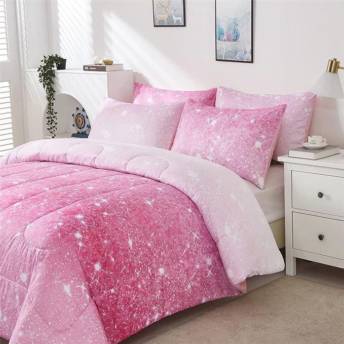 Pink Glitter Comforter Set Full/Queen Size for Girls, Sparkle Galaxy Twinkle Starlight Comforter for Kids Teen,2 Piece Pink Ombre Pastel Bedding Set with 2 Pillow Cases(Pink) - LeafyLoom