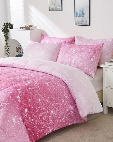 Pink Glitter Comforter Twin Size for Girls, Sparkle Galaxy Twinkle Starlight Comforter for Kids Teen,2 Piece Pink Ombre Pastel Bedding Set with 1 Pillow Case(Pink) - LeafyLoom