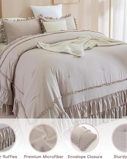 Oversized King Comforter 120x120,3 Pieces Farmhouse Taupe Ruffle Bedding Comforter,Oversized Shabby Boho Chic Cal King Bed Comforter,Lighteweight and Soft Microfiber Bedding Set - LeafyLoom