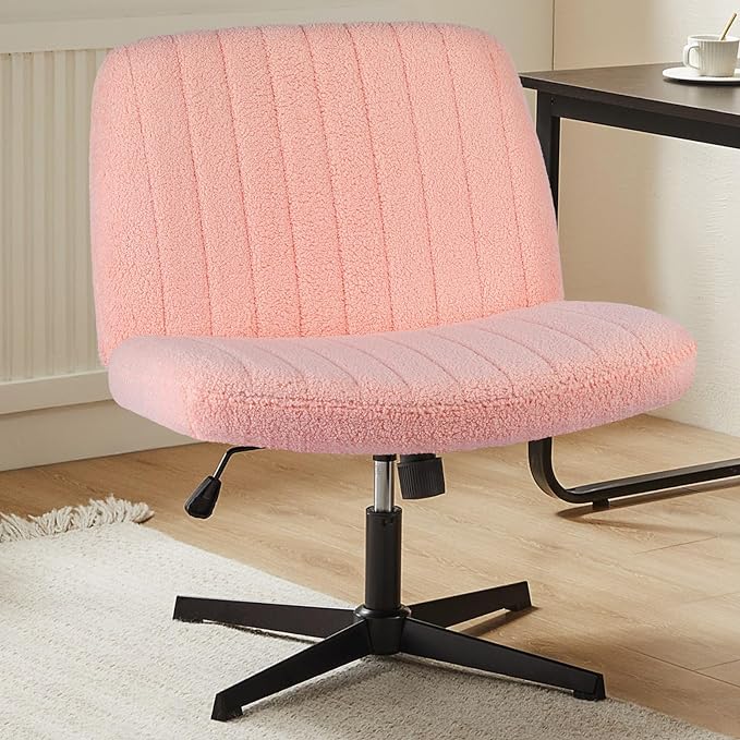Sweetcrispy Criss Cross Chair Legged, Armless Office Desk Chair No Wheels, Swivel Vanity Chair, Height Adjustable Wide Seat Computer Task Chair, Fabric Vanity Modern Home Chair Pink - LeafyLoom