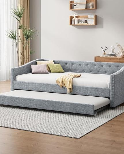 Twin Daybed Frame with Trundle,Upholstered Sofa Bed W/Button & Nailhead Tufted Design,Wood Slats Support,Saving Space,Linen Fabric Bedframe for Living Room Bedroom Apartment,Light Gray - LeafyLoom