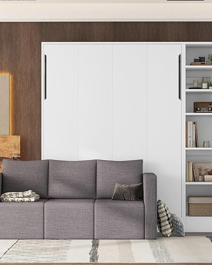 Merax, White Full Size Murphy Bed Wallbed with Sofa,Side Storage Shelves,Space Saving,for Guest Living Room - LeafyLoom