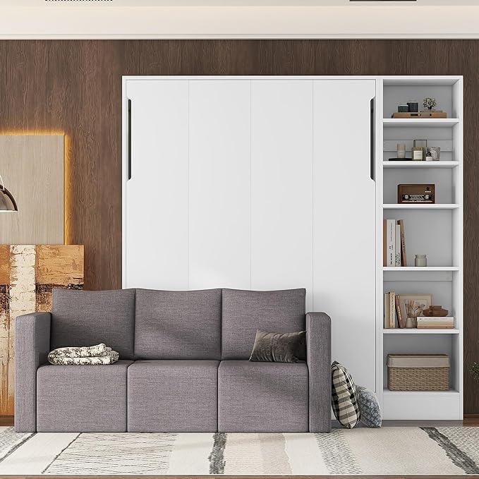 Merax, White Full Size Murphy Bed Wallbed with Sofa,Side Storage Shelves,Space Saving,for Guest Living Room - LeafyLoom