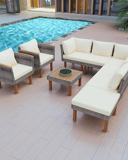 Merax Outdoor Patio Furniture Sets, Free Combination Wicker Sofa, 9-Piece, Rattan w/Wood Tabletop & Legs, Beige - LeafyLoom
