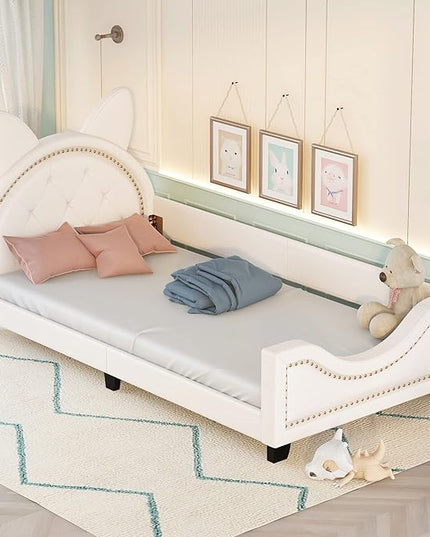 Twin Size Upholstered Daybed, Wooden Low Platform Bed Frame with Carton Ears Shaped Headboard, Rails for Kids Girls Boys, White - LeafyLoom