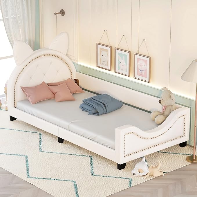 Twin Size Upholstered Daybed, Wooden Low Platform Bed Frame with Carton Ears Shaped Headboard, Rails for Kids Girls Boys, White - LeafyLoom
