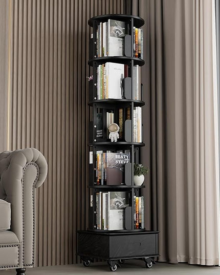 Solid Wood Rotating Book Shelf, 360° Display Bookcase with Drawer, 5-Tier Mobile Bookshelf with Wheels, 79" Tall Bookcase for Narrow Space, Spinning Bookshelf Tower for Home Office, Study Room, Black - LeafyLoom