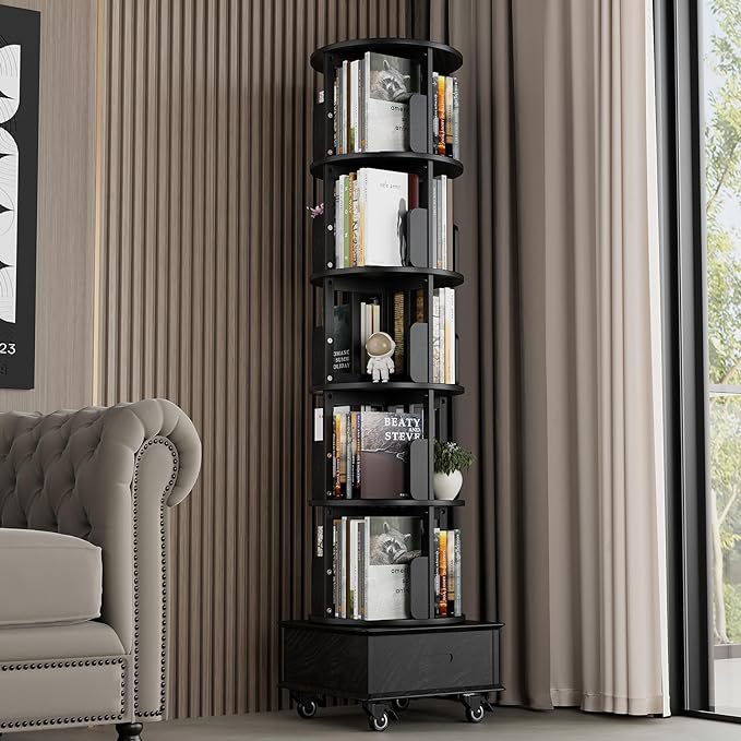 Solid Wood Rotating Book Shelf, 360° Display Bookcase with Drawer, 5-Tier Mobile Bookshelf with Wheels, 79" Tall Bookcase for Narrow Space, Spinning Bookshelf Tower for Home Office, Study Room, Black - LeafyLoom