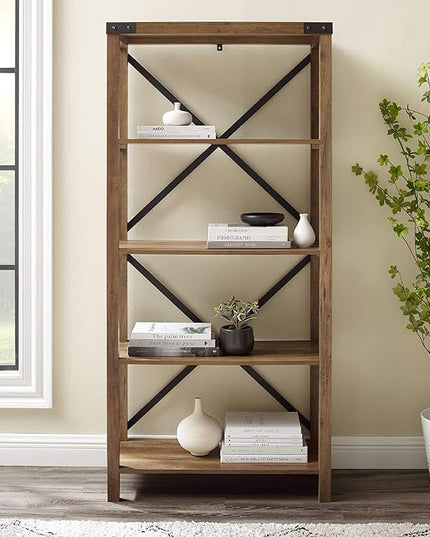 Walker Edison Andersen Urban Industrial Metal X Back 4 tier Bookshelf, 64 Inch, Rustic Oak - LeafyLoom