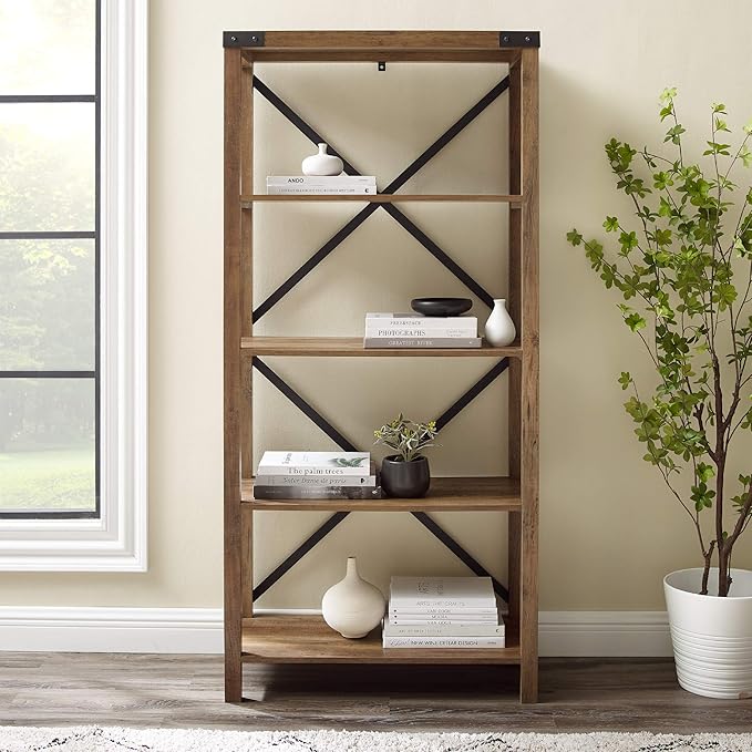 Walker Edison Andersen Urban Industrial Metal X Back 4 tier Bookshelf, 64 Inch, Rustic Oak - LeafyLoom