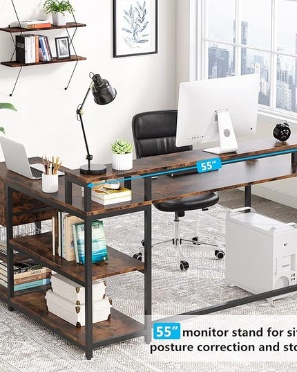 Reversible L-Shaped Computer Desk with hutch & Shelf,rustic - LeafyLoom