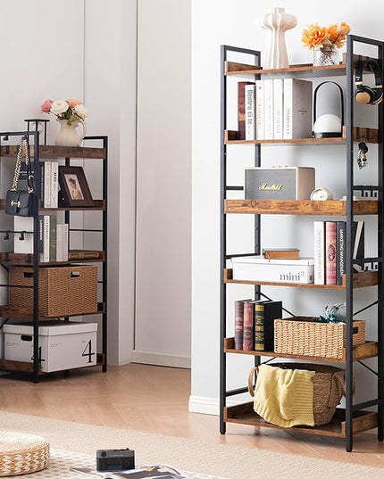 HCHQHS Adjustable 6 Tier Open Bookcase, Rustic Farmhouse Book Shelves, Industrial Wood and Black Metal Bookshelves, Mid Century Bookcase for Home Office Living Room Bedroom - LeafyLoom