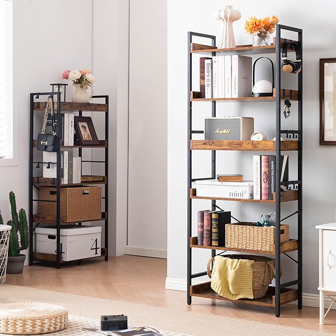 HCHQHS Adjustable 6 Tier Open Bookcase, Rustic Farmhouse Book Shelves, Industrial Wood and Black Metal Bookshelves, Mid Century Bookcase for Home Office Living Room Bedroom - LeafyLoom