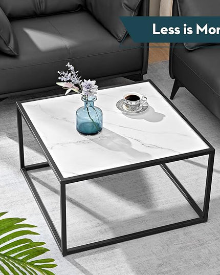 SAYGOER White Coffee Table,Small Square Coffee Table,Modern Center Table for Living Room Office 27.6 * 27.6 * 15.7 Inch, Easy Assembly, White Faux Marble Top - LeafyLoom