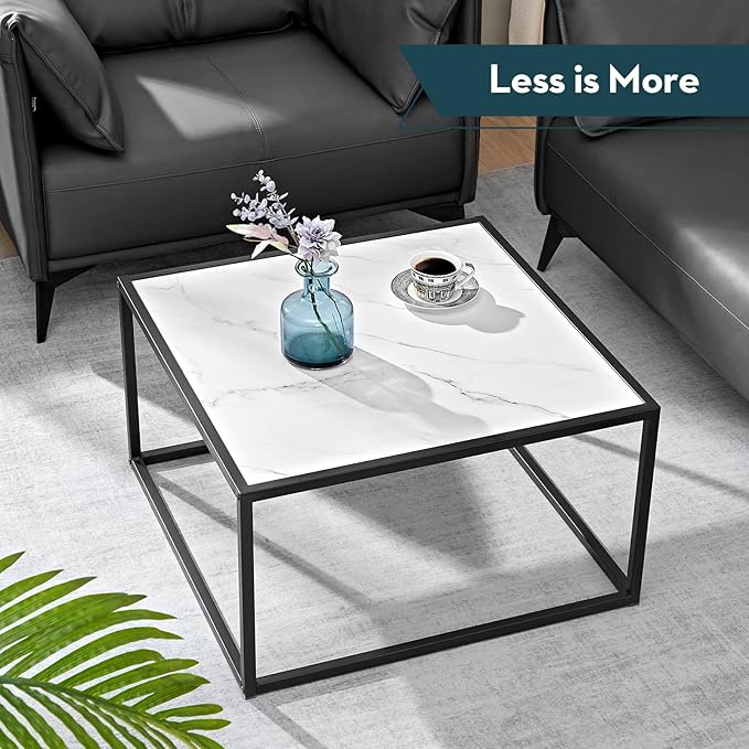 SAYGOER White Coffee Table,Small Square Coffee Table,Modern Center Table for Living Room Office 27.6 * 27.6 * 15.7 Inch, Easy Assembly, White Faux Marble Top - LeafyLoom