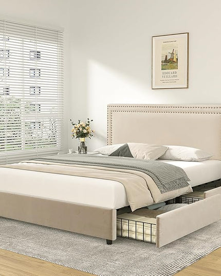 VECELO Full Size Upholstered Platform Bed Frame with 4 Storage Drawers, Adjustable Velvet Rivets Headboard, Wooden Slats Support, No Box Spring Needed, Easy Assembly - LeafyLoom