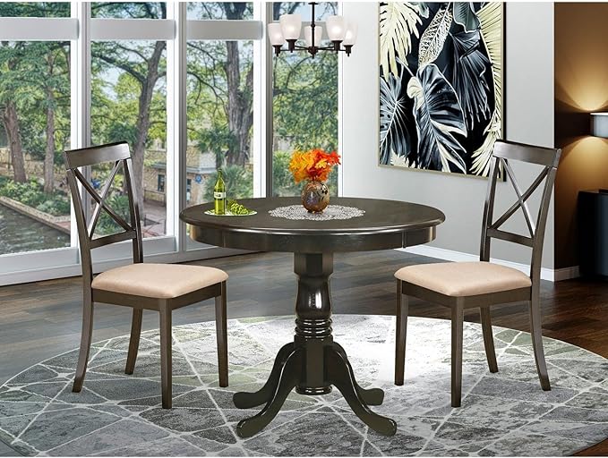 East West Furniture ANBO3-CAP-C 3 Piece Kitchen Set for Small Spaces Contains a Round Table with Pedestal and 2 Linen Fabric Dining Room Chairs, 36x36 Inch - LeafyLoom