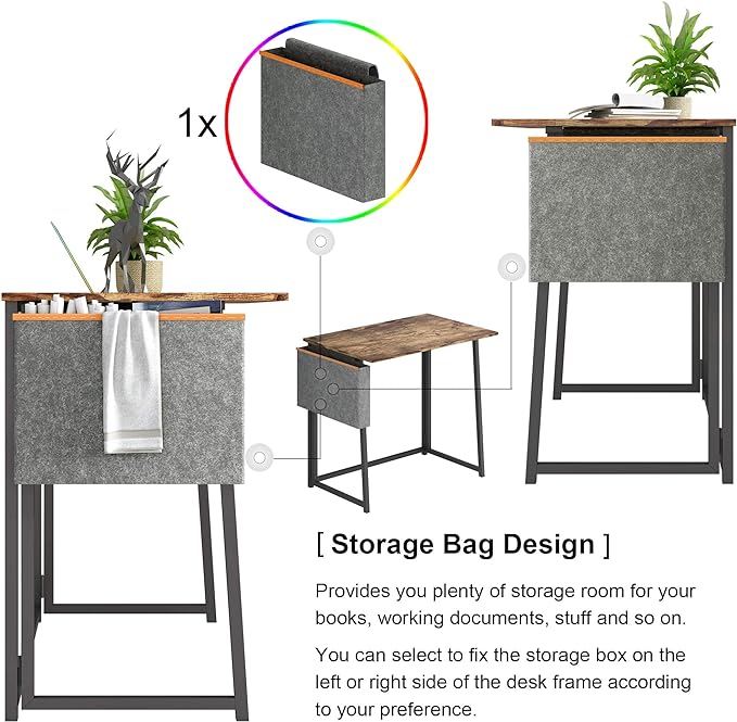 4NM 31.5" Small Desk with Storage Bag, Simple Assembly Folding Computer Desk Home Office Desk Study Writing Table for Small Space Offices - Rustic Brown and Black - LeafyLoom