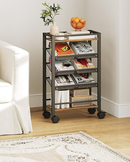 5 Tier Bookshelf, Metal Small Industrial Bookcase, Mobile Book Shelf Paper Cart with Wheels, Book Case Display Storage Shelf Organizer for Living Room, Home Office, Rustic Brown SJ01BR - LeafyLoom